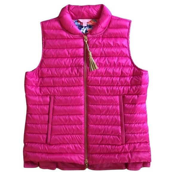 Lilly Pulitzer Cora Down Puffer Vest Womens Size S Pink Ruffle Tassel Zip Pull - Picture 14 of 14